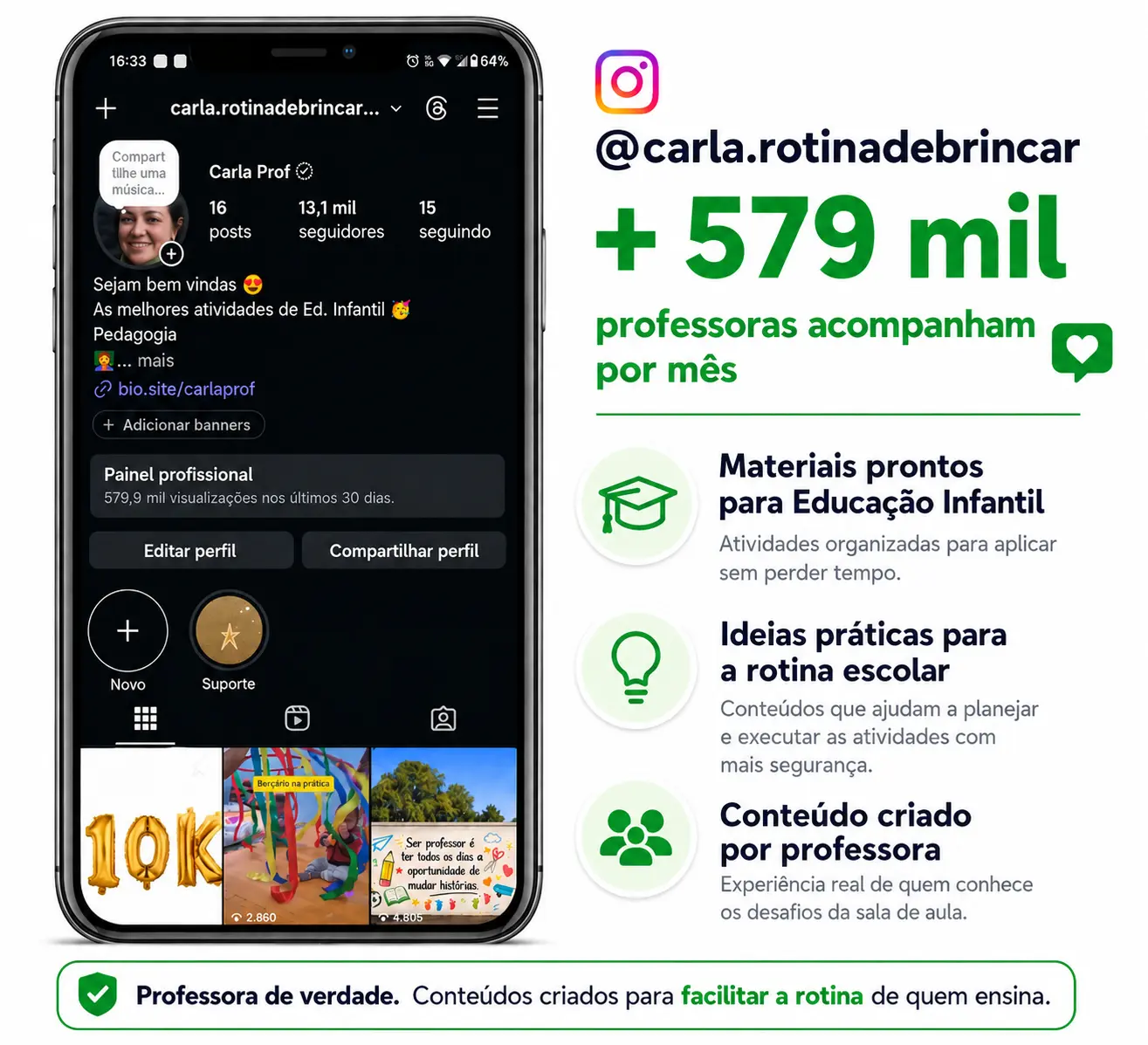 Perfil profissional da Carla e informações sobre seus materiais para Educação Infantil