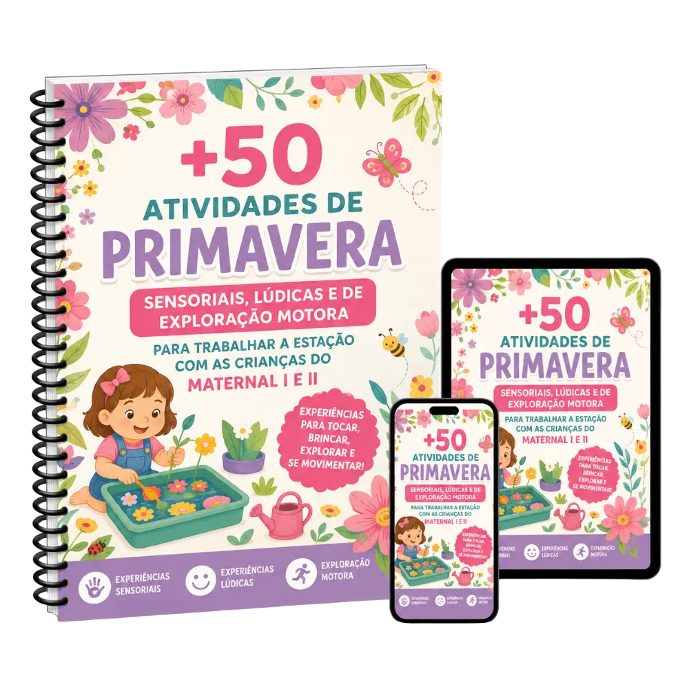 Mockup das mais de 50 atividades de Primavera em apostila, tablet e celular